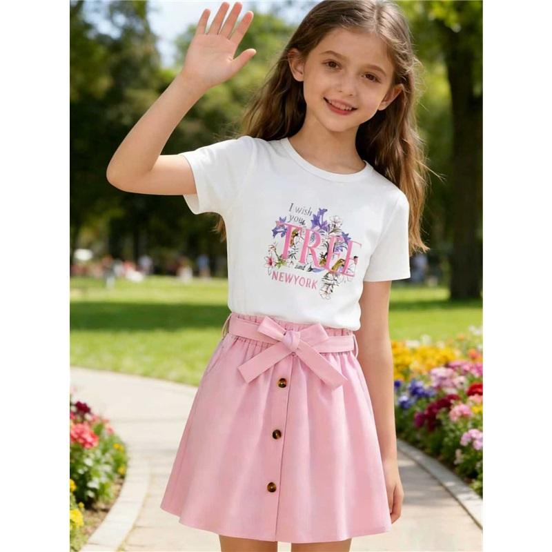 Girls' Fashion Two-Piece Summer Children's Sweet Princess Top + Skirt Set