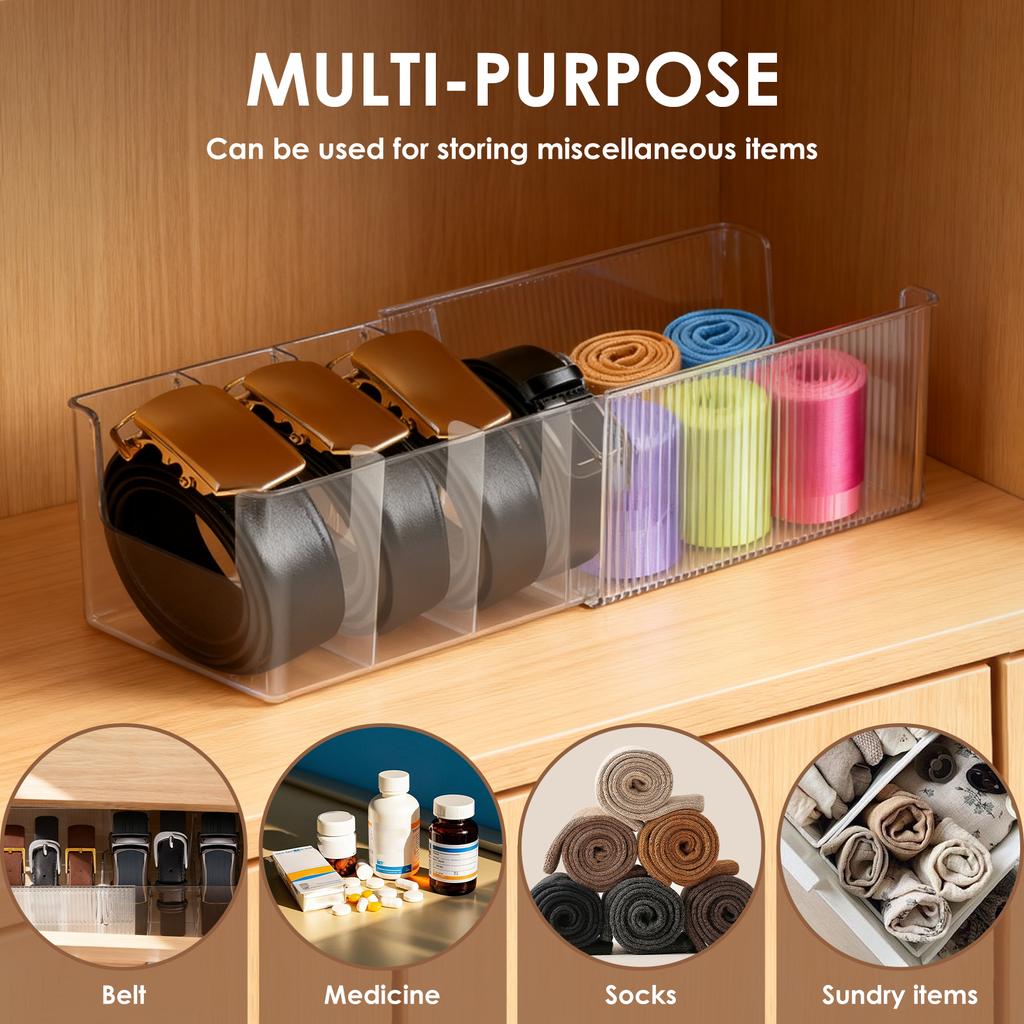 2Pcs Belt Organizer Boxes PET Transparent Belt Storage Holder with Removable Dividers 4 Grid Extendable Belt Container for Home