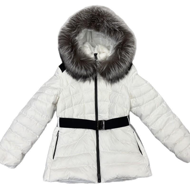 Winter European Station white duck down belt waist large fur collar fox hair down jacket women's medium and long tide