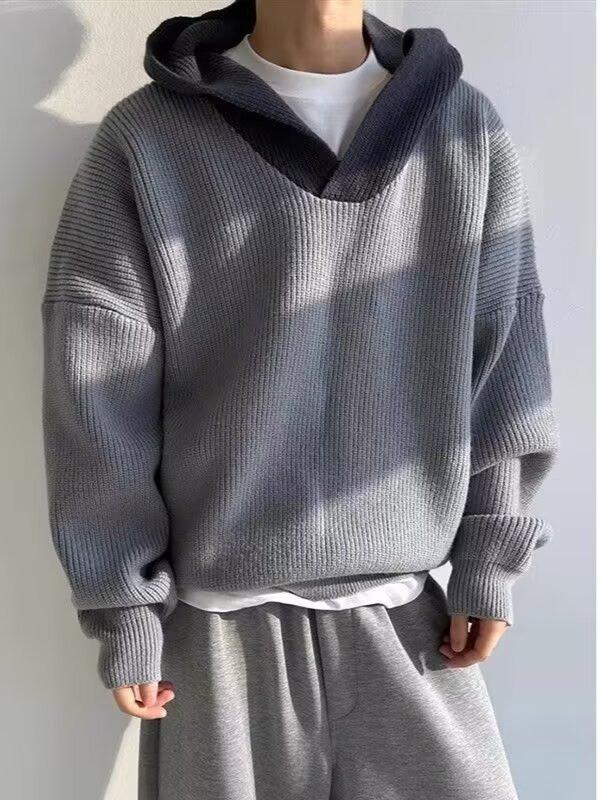 Herren Übergroßer Retro Grauer Kapuzen-Winterstrickpullover