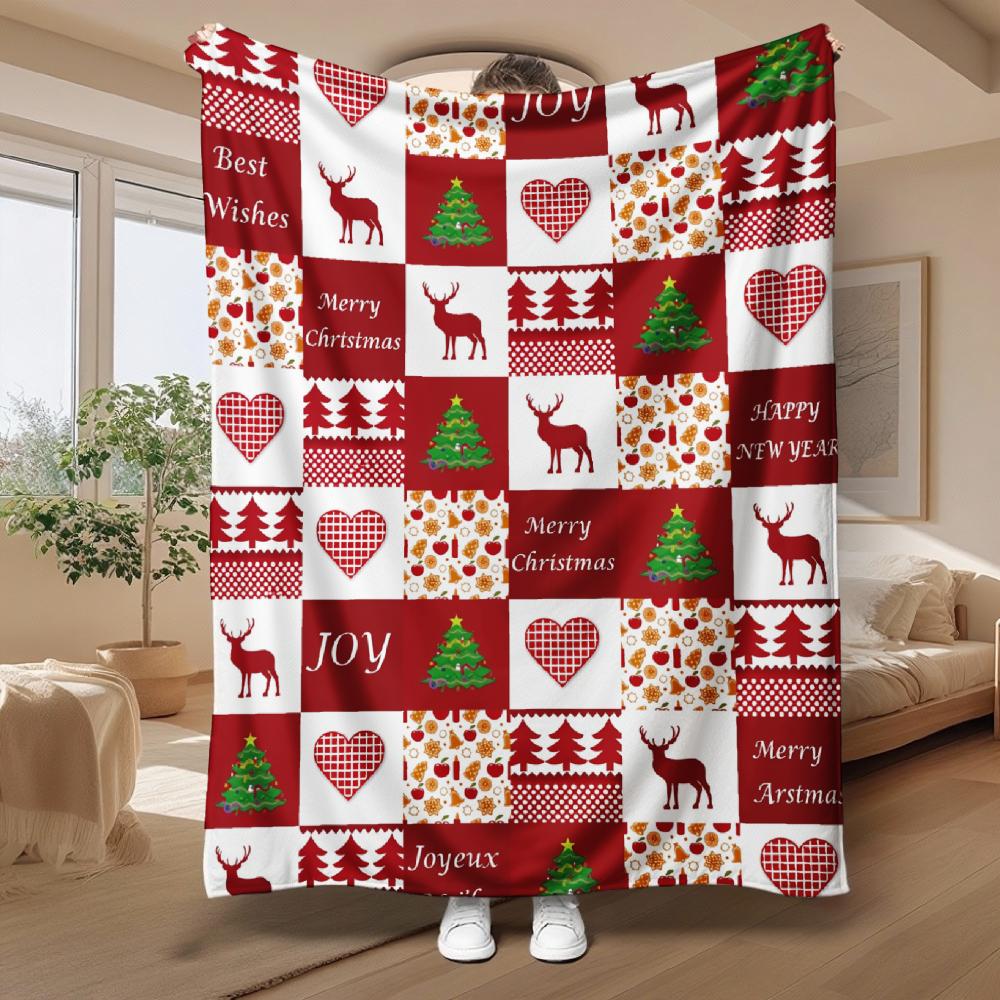 Merry Christmas And Happy New Year, Holiday Gift, Fleece Blanket, Red Reindeer Tree Patchwork Design, Home Decor Sofa Bed, Soft Cozy Multi-Purpose War