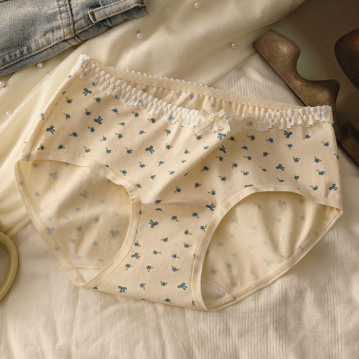 Ladies Spring and Autumn Sweet Floral Print Lace Lace Comfortable Breathable Mid Waisted Briefs