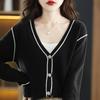 Versatile 100% Cashmere Color Block Cardigan V-Neck Women's Wool Sweater