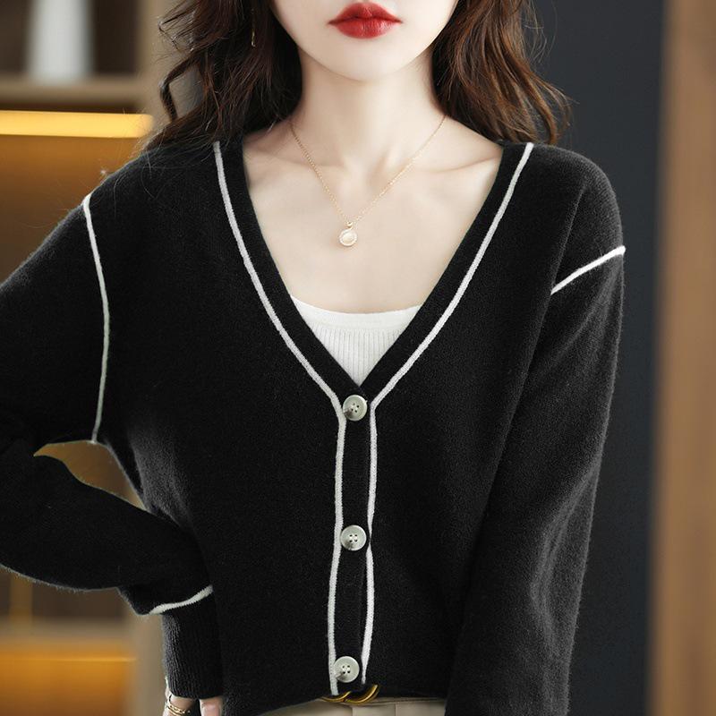 Versatile 100% Cashmere Color Block Cardigan V-Neck Women's Wool Sweater
