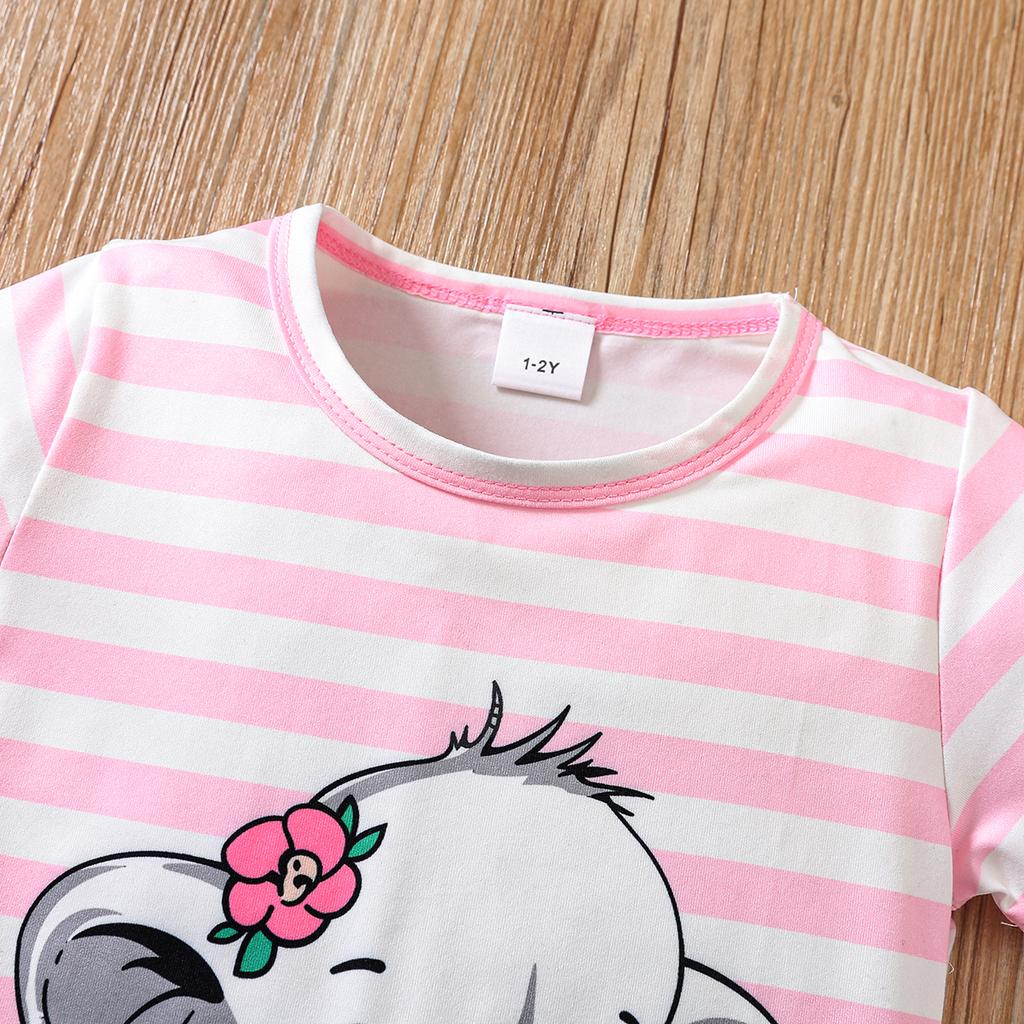 Kız Pijama Takımı Çizgili Fil Baskılı Kısa Kollu Üst ve Şort Rahat Ev Giyimi