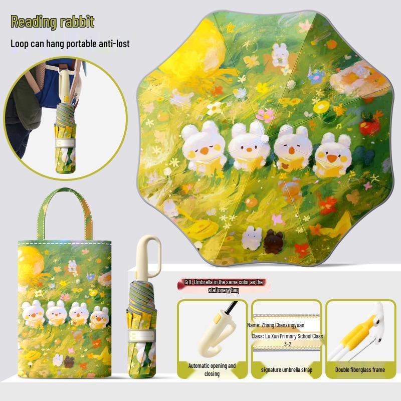 Dual-Use Automatic Folding Children's Umbrella with Ring Buckle – Sun Protection for School Boys and Girls