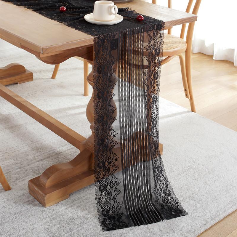 French Romantic White And Black Lace Embroiled Flower Edge Table Flag Wedding Decorate