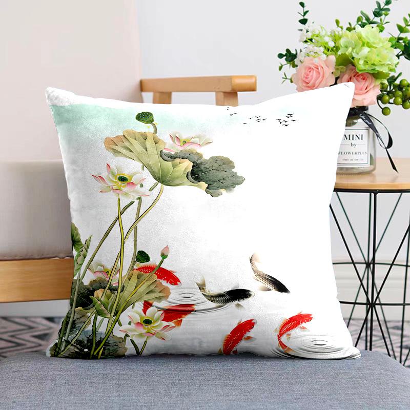 New Chinese Style Pillow Cushion Chinese Style Pillow Case Sofa Living Room Beige Lotus Zen Plush Back Pillow Case