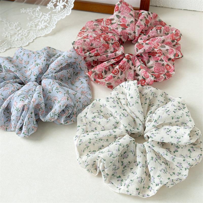 Girl Soft Flowers Printed Chiffon Hair Scrunchies Fabric Ponytail Holder Hair Accessories