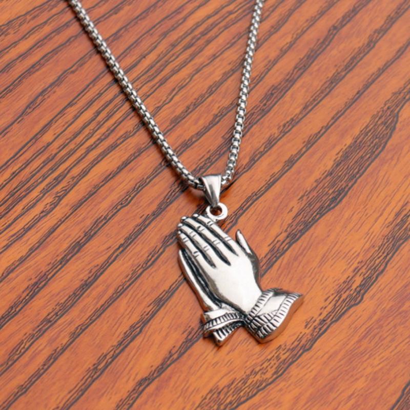 Retro Praying Hands Neckace For Men Hiphop Titanium Steel Chain Trendy Copper Color Palm Clapping Pendant Neck Jewelry Gifts