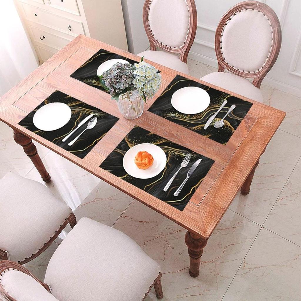 Black Gold Marble Texture Placemats Set of 4, Black Table Mats, Heat Resistant Washable Linen Place Mats for Kitchen Dining Table Farmhouse 12"x18",