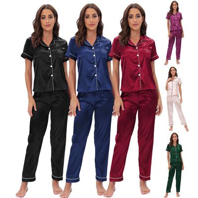 European and Middle Eastern Women's Spring Summer Loungewear Two-piece Short Sleeve Top Long Pants Pajamas Set Satin Home Wear