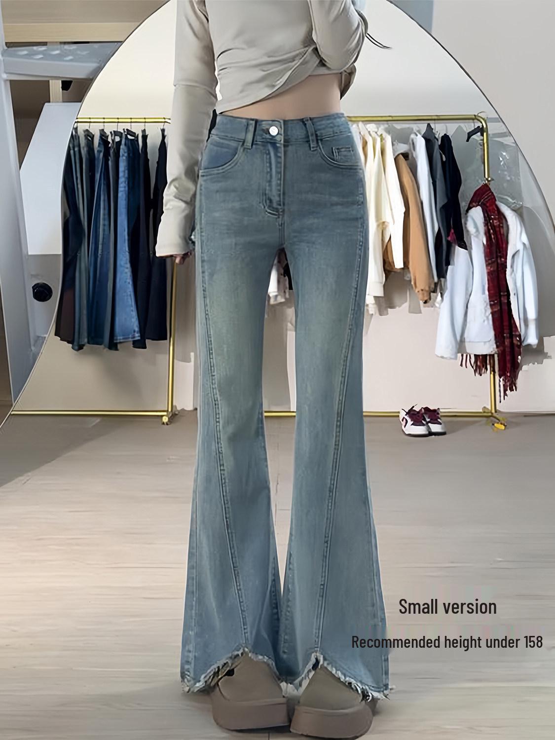 

Women s Retro Blue High-Waisted Frayed Flare Jeans, Plus Size, Slimming, Hip-Covering, Stretchy Spring Style 4XL [180-200 lbs]