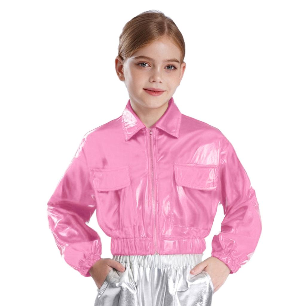 Unisex Kids Metallic Shiny Jacket Turn Down Collar Long Sleeve Flap Pockets Hip Hop Jazz Dance Outwear