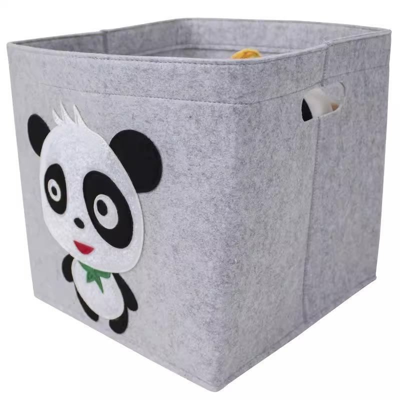 Gray Felt Fabric Storage Box with Cartoon Animals for Kids Rooms