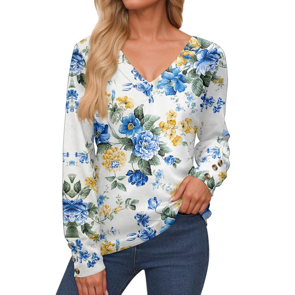 Damenoberteile Langarmmanschetten Button-Up-Hemd V-Ausschnitt Lässiges Lockeres T-Shirt Blumenoberteile