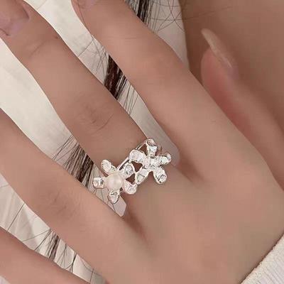 Light Luxury High-end Woven Flower Pearl Ring Women's Fashionable Niche Open Mouth Ring