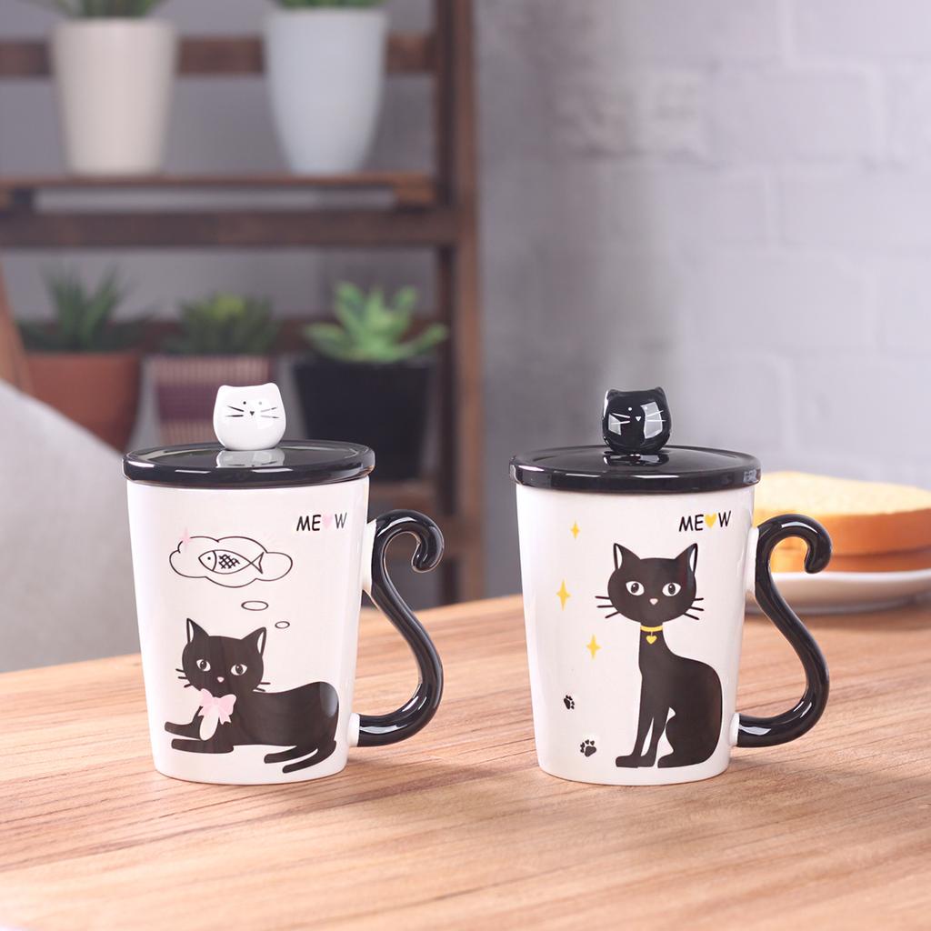 Personalized Cartoon Cat White Porcelain Handle I Ceramic Cup with Lid Office Coffee Cup Creative Student Milk Drinking Water Cup