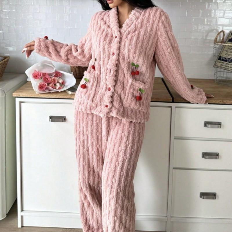 Set Pijama Călduros Căptușit cu Fleece pentru Femei Mânecă Lungă Decolteu în V Îmbrăcăminte de Noapte cu Imprimeu Cireșe Confortabil pentru Casă