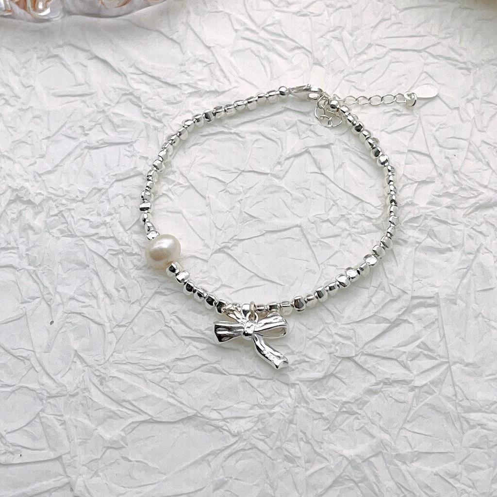 S925 Sterling Silver Bowknot Natural Pearl Bracelet, Simple Ins Design, Niche Jewelry B650S