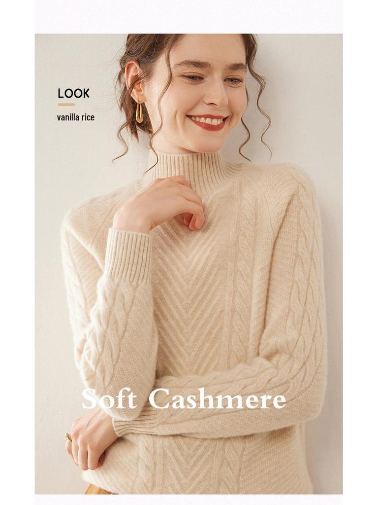 Women's Thickened Cashmere Sweater - Autumn/Winter, Half-High Neck, Twist Pattern Pullover, Casual Fashion.