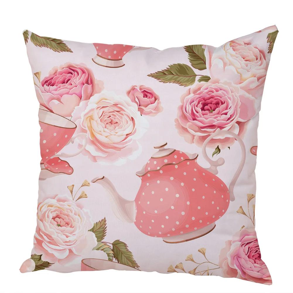 Nordic Style Rose Flower and Birds Pillow Case Cushion Cover for Car Peach Skin Decor Flower Plant Animal Throw Pillowcase