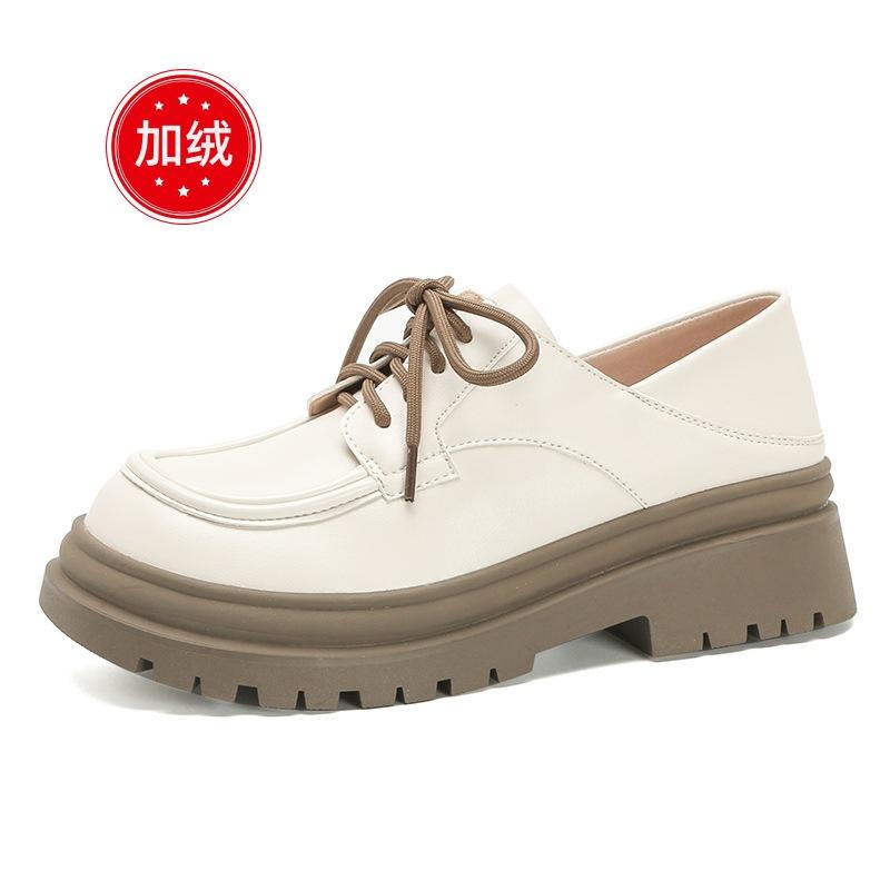 British Small Leather Shoes Women's Thick Heel 2024 Velvet College Style Lace-up Jk Uniform Single Shoes Leather Platform Loafers