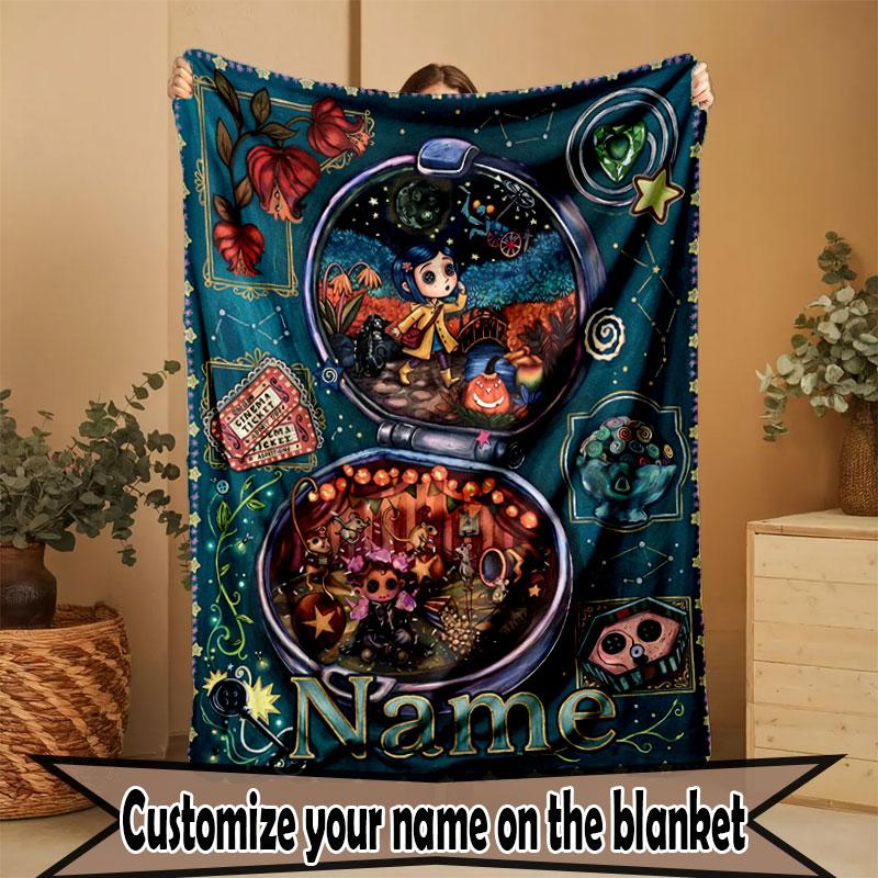 Custom Name Personalized Coraline Print Blanket, Home Decor, Bedroom, Sofa, Camping, Couch, Gifts for Birthday Christmas
