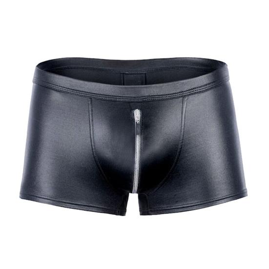 Men Panties Solid Color U Convex Open Crotch Zipper Underwear Faux Leather Good Stretch Briefs Underpants for Living Room