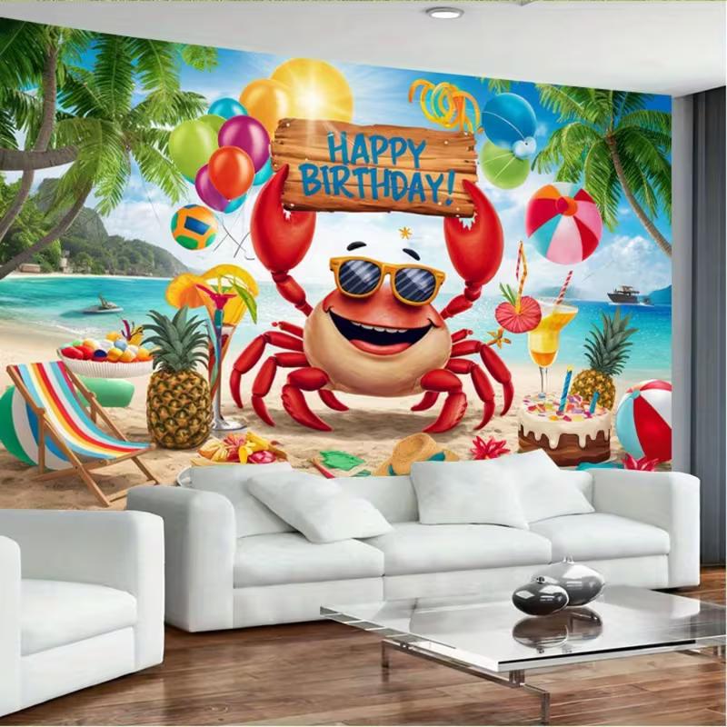 Fun Summer Beach Birthday Tapestry, Smiling Crab with Sunglasses and Beach Party Elements, Playful Kids' Wall Art