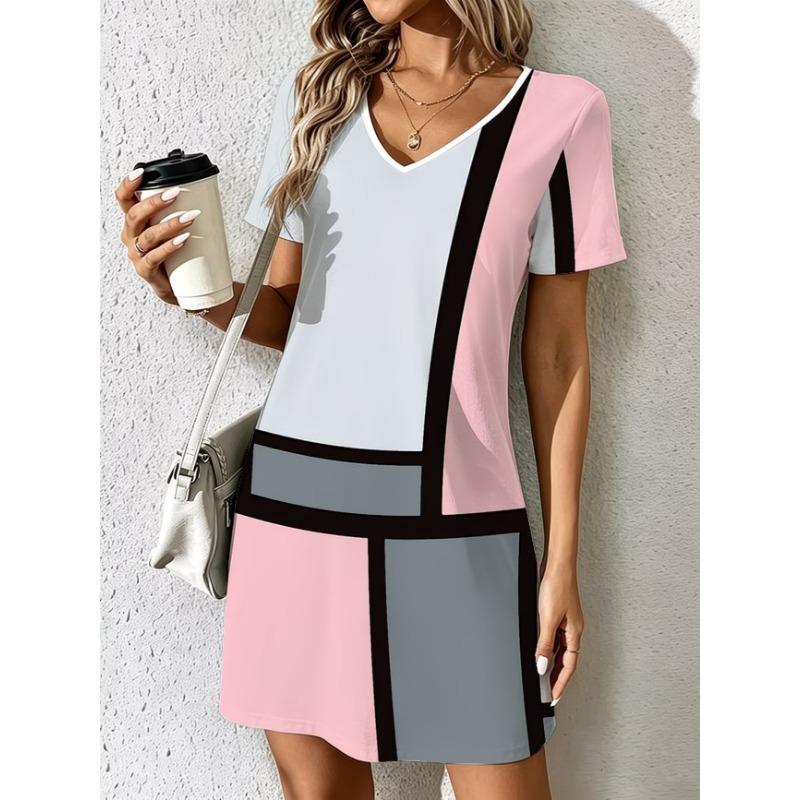 Ladies Summer V-Neck Short Sleeve Casual Dress Fashion Colorful Geometric Print Dress Elegant Women's Clothing