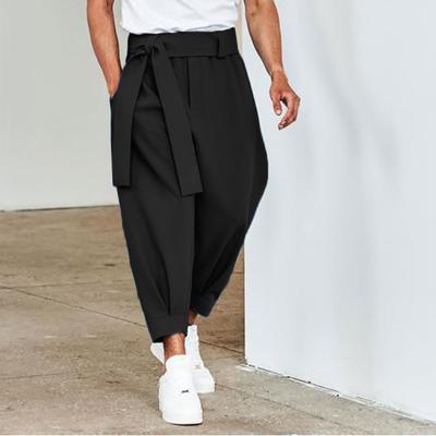 Frühlings Herren Locker Einfarbig Cropped Hosen mit Gürteldekoration und gerafften Füßen