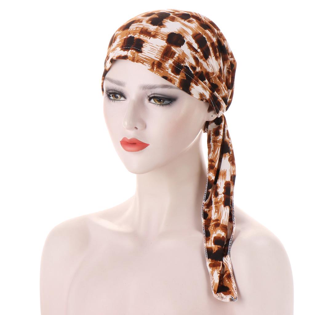 European-American Floral Print Two-Tail Curved Muslim Headscarf Pullover Hat
