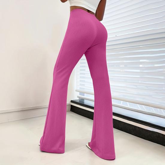 Women Flared Pants Elastic High Waist Solid Color Long Pants Ribbed Texture Yoga Running Cycling Trousers