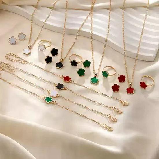 Korean Five-Leaf Clover Jewelry Set for Women: Necklace, Bracelet, Ring, and Earrings