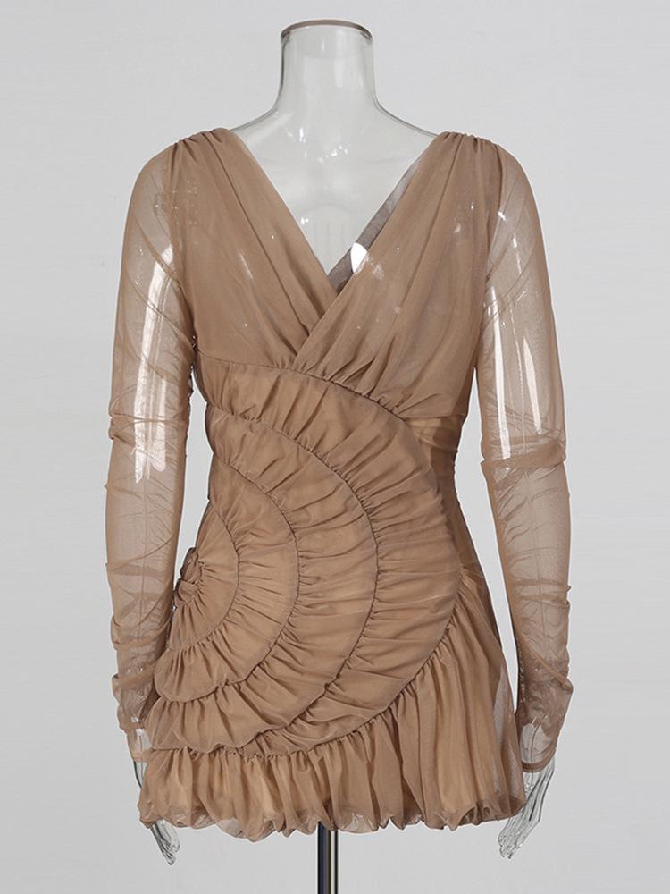 2026 Sommer Damen V-Ausschnitt Netz Faltenkleid - Sexy, Figurbetont, Einfarbig, Kurzer Durchsichtiger Stil