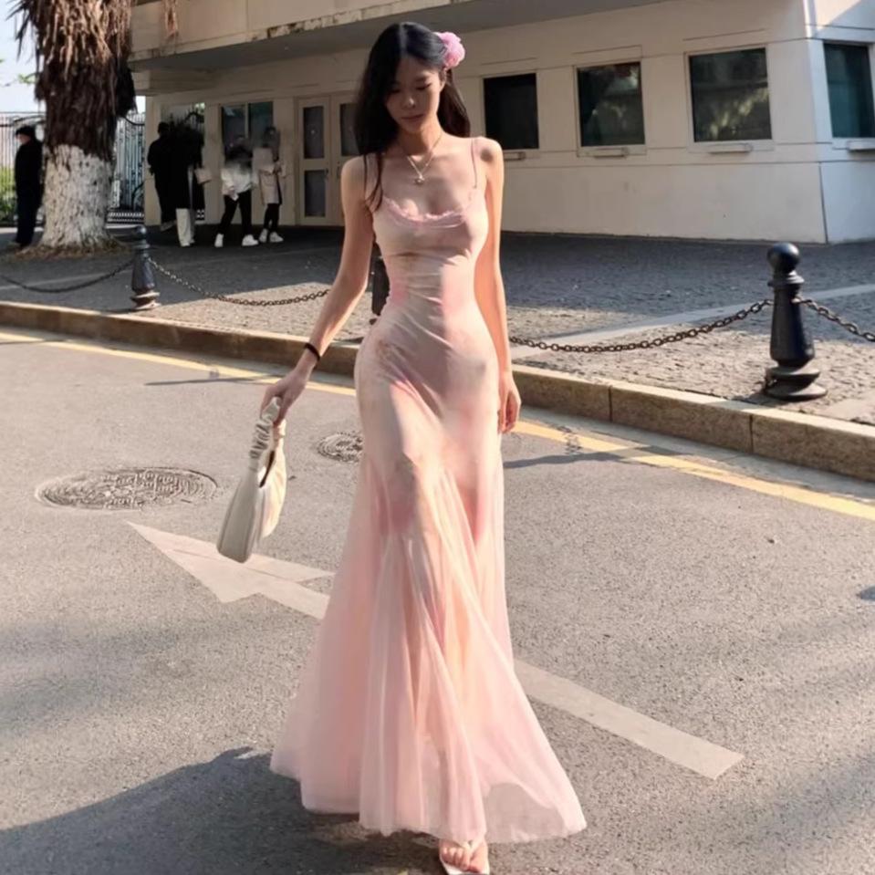 High-end rendering floral dress women's summer super fairy pink gauze dress sexy hip-wrapped waist slim fishtail dress