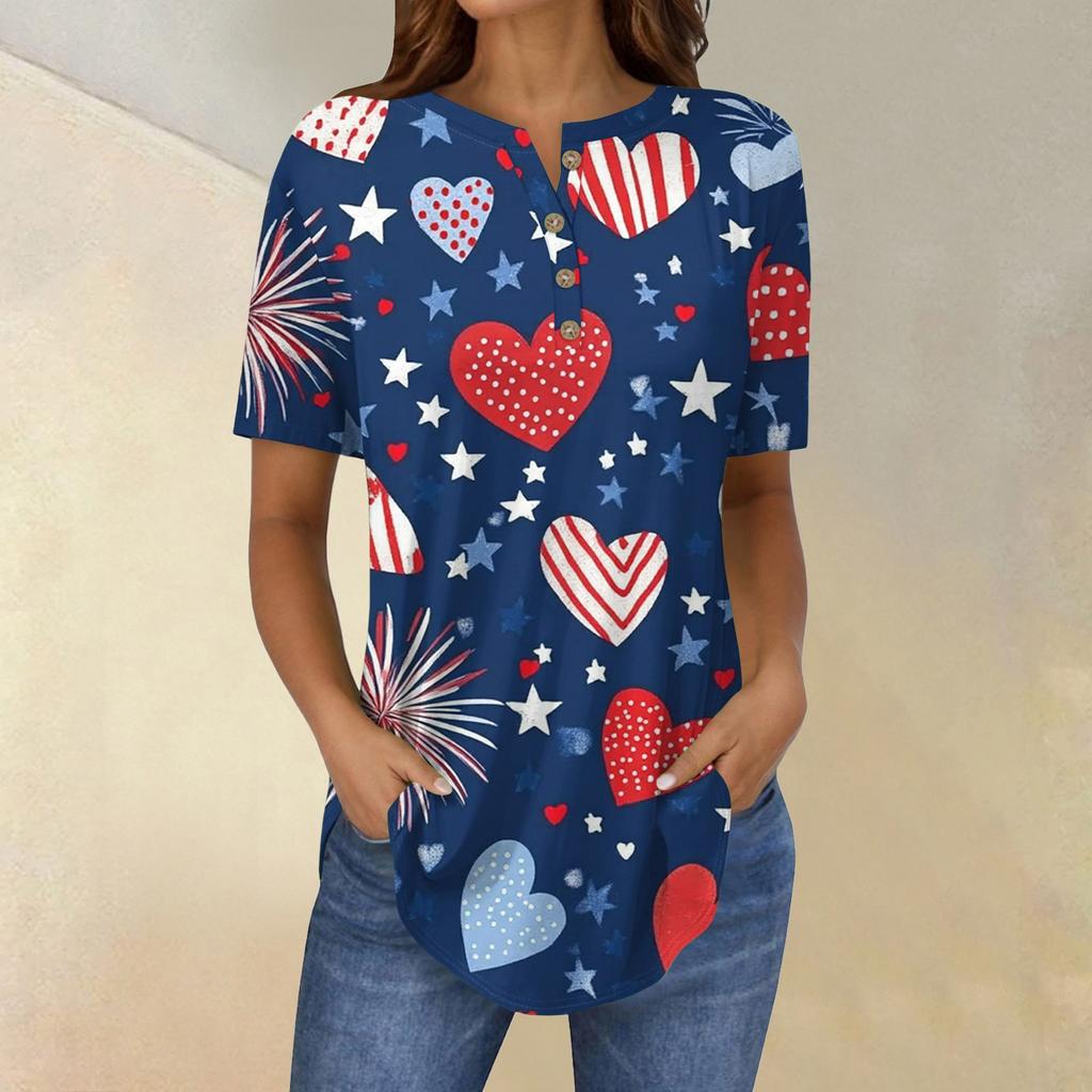 Short Sleeve Womens Tops Summer T-Shirts Print V Neck Casual Basic Tee Button Shirts Tunic Tops Independence Day