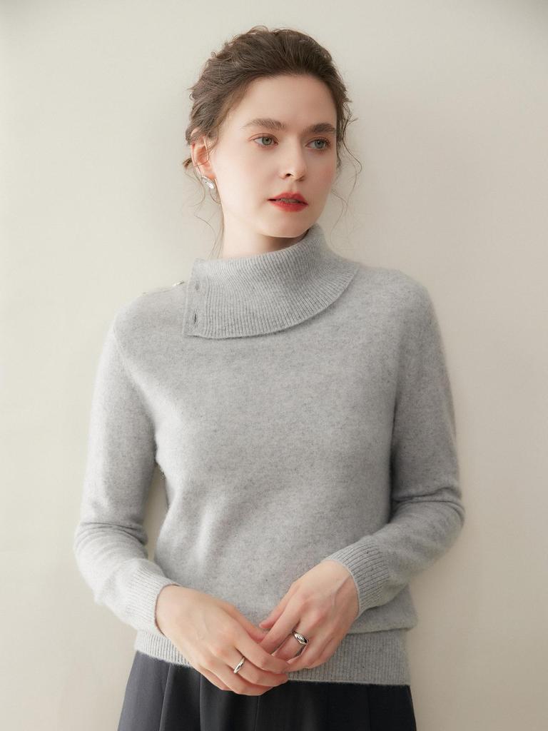 Women's Cashmere High-Neck Buckle Knit Sweater - Slimming Loose Pullover, Thick Korean Style, Plain Color Base Layer