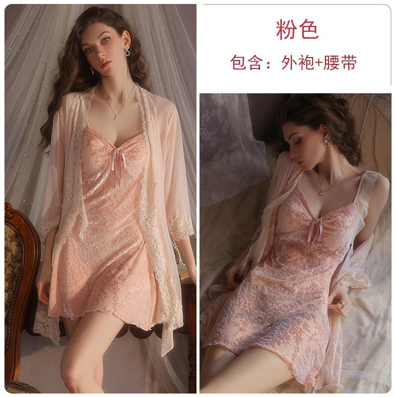 

Velvet jacquard sexy hot slim deep V plus chest pad pure desire nightdress robe loungewear set One size fits all