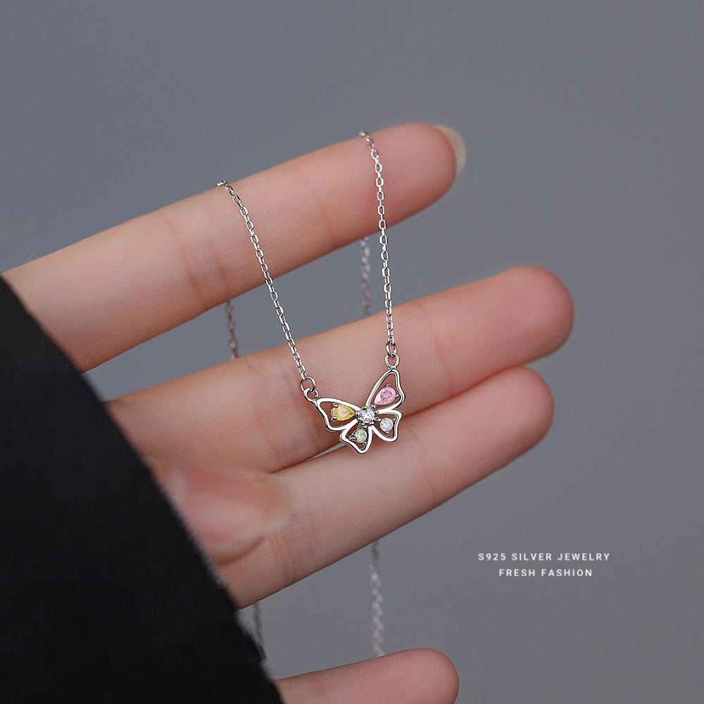 925 Sterling Silver Korean Sweet Colored Zircon Butterfly Pendant Necklace for Women Wedding Party Jewelry
