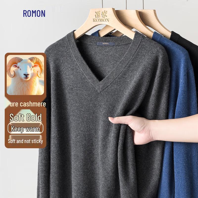 Romon Men's V-Neck Pure Cashmere Sweater for Autumn/Winter