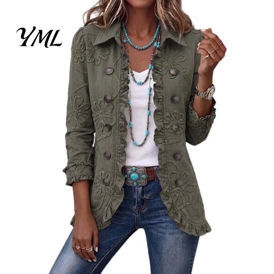 Umlegekragen Jacken Damen Böhmische Blumenjacke, Gerüschter Offener Mantel, Jacke Schlanke Passform Lässig Langarm Oberbekleidung für den Herbst