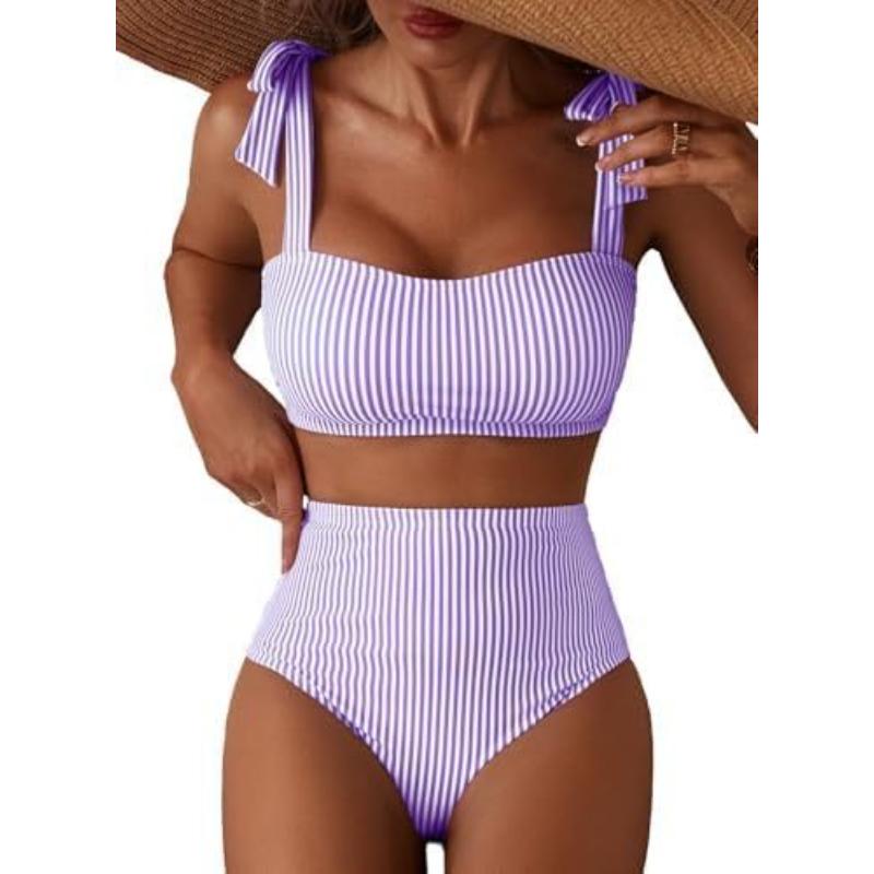 Women Two-piece Halter Vest Swimwear Sexy Striped Ruffle High Waisted Bikinis Set Female Bathing Suit Tie Strap Beachwear