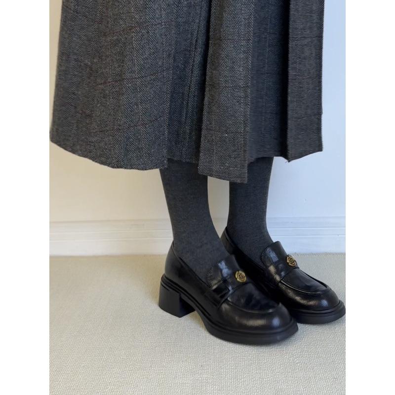 Super Soft Lambskin~ Loafers Women's Camellia Gold Buckle British Style One-pedal Small Leather Shoes Thick-soled High-heeled Single Shoes