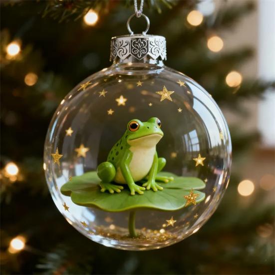 Frog Christmas Ornament Clear Plastic Xmas Hanging Ball with 3D Frog Ornament Holiday Keepsake