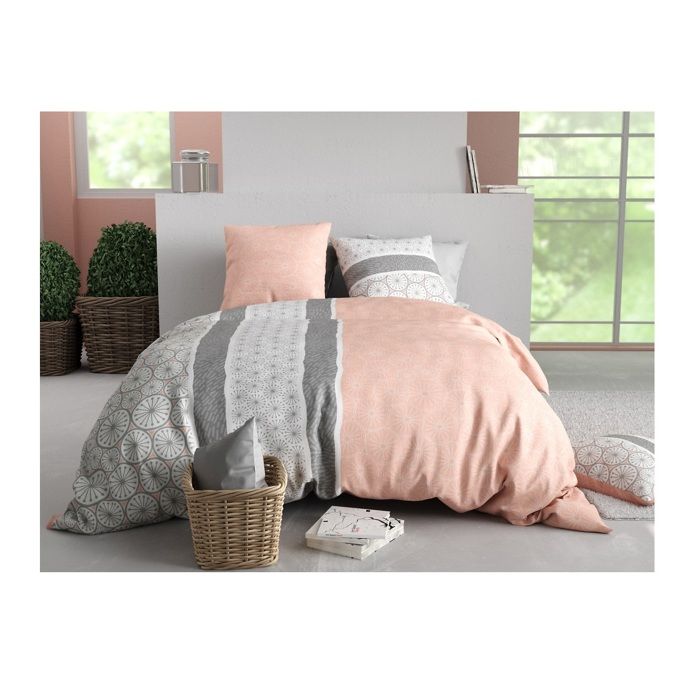 Parure de lit - Manda - 260 x 240 cm - 100% coton - Rose poudré et gris clair