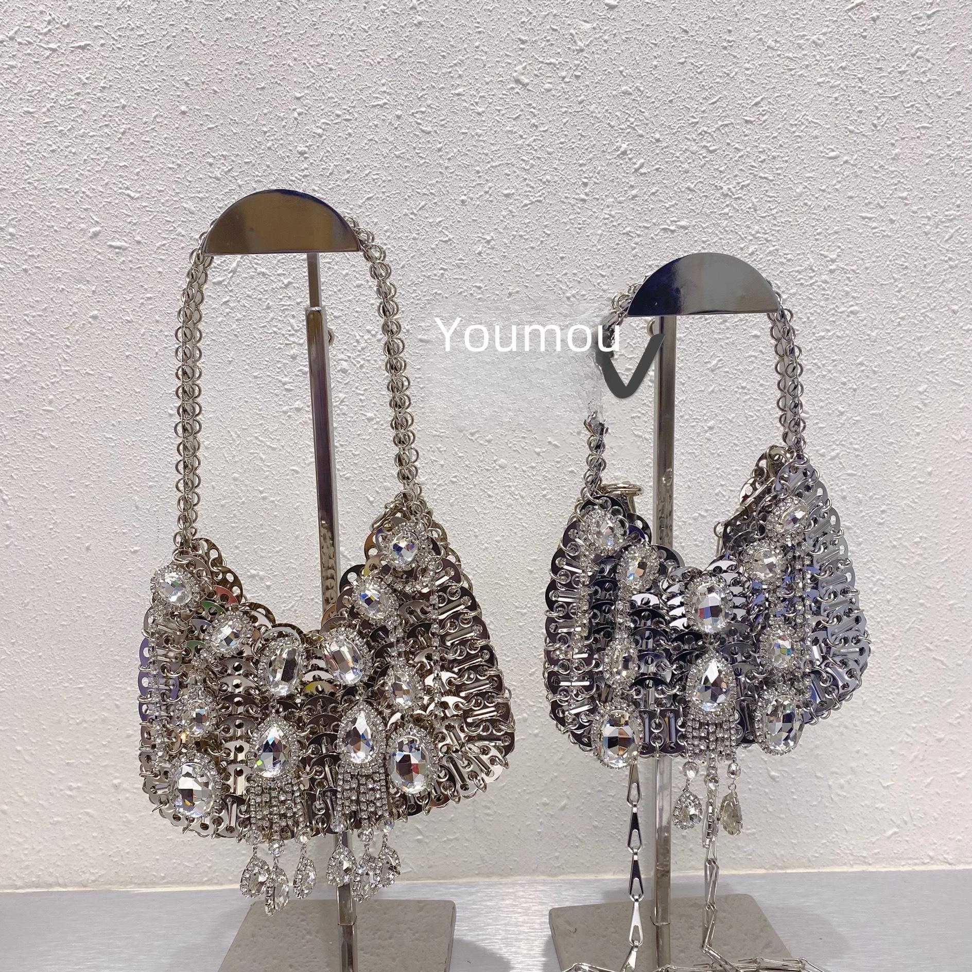 

Shiny Gem Sequin Tassel Dumpling Bag with Metal Beads