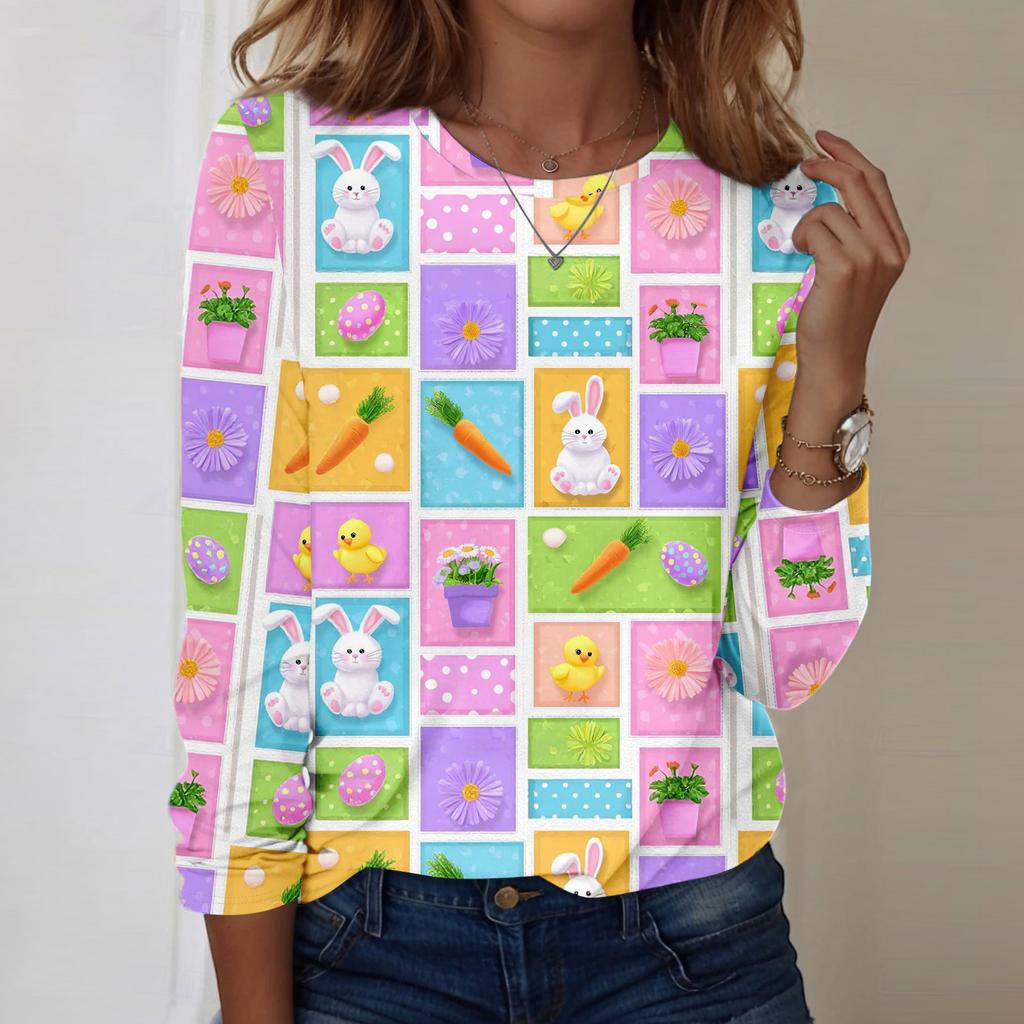Women's Daily Casual Long Sleeved Easter Printed Round Neck Top