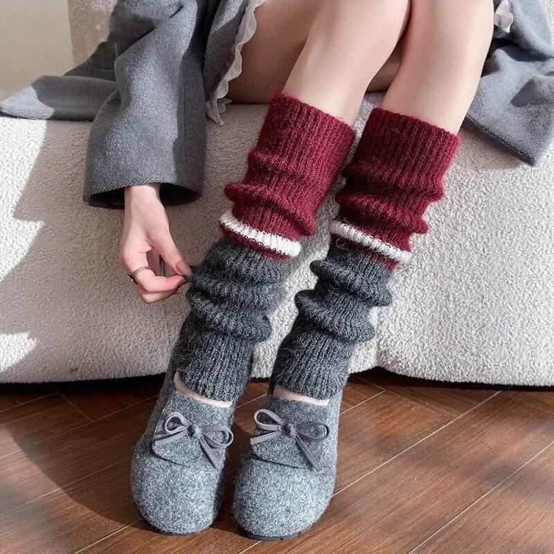 New Vintage Thickened Warm Leg Warmers Y2k Women Color Block Wool Knitted Long Socks Stacking Boot Cuffs New Design 2026